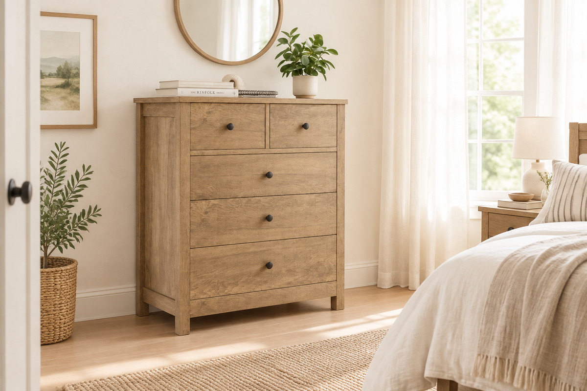 Light Oak 5-Drawer Dresser - Bedroom Background