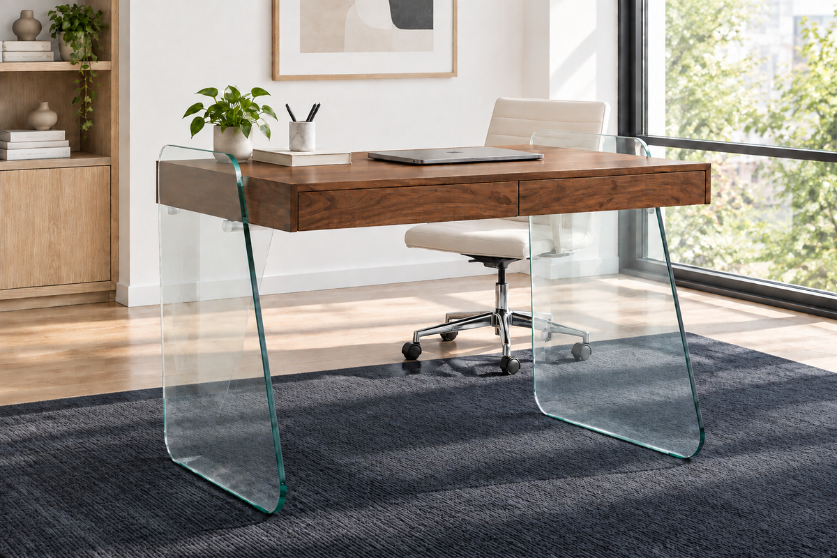 Modern Glass Leg Desk - Dark Rug