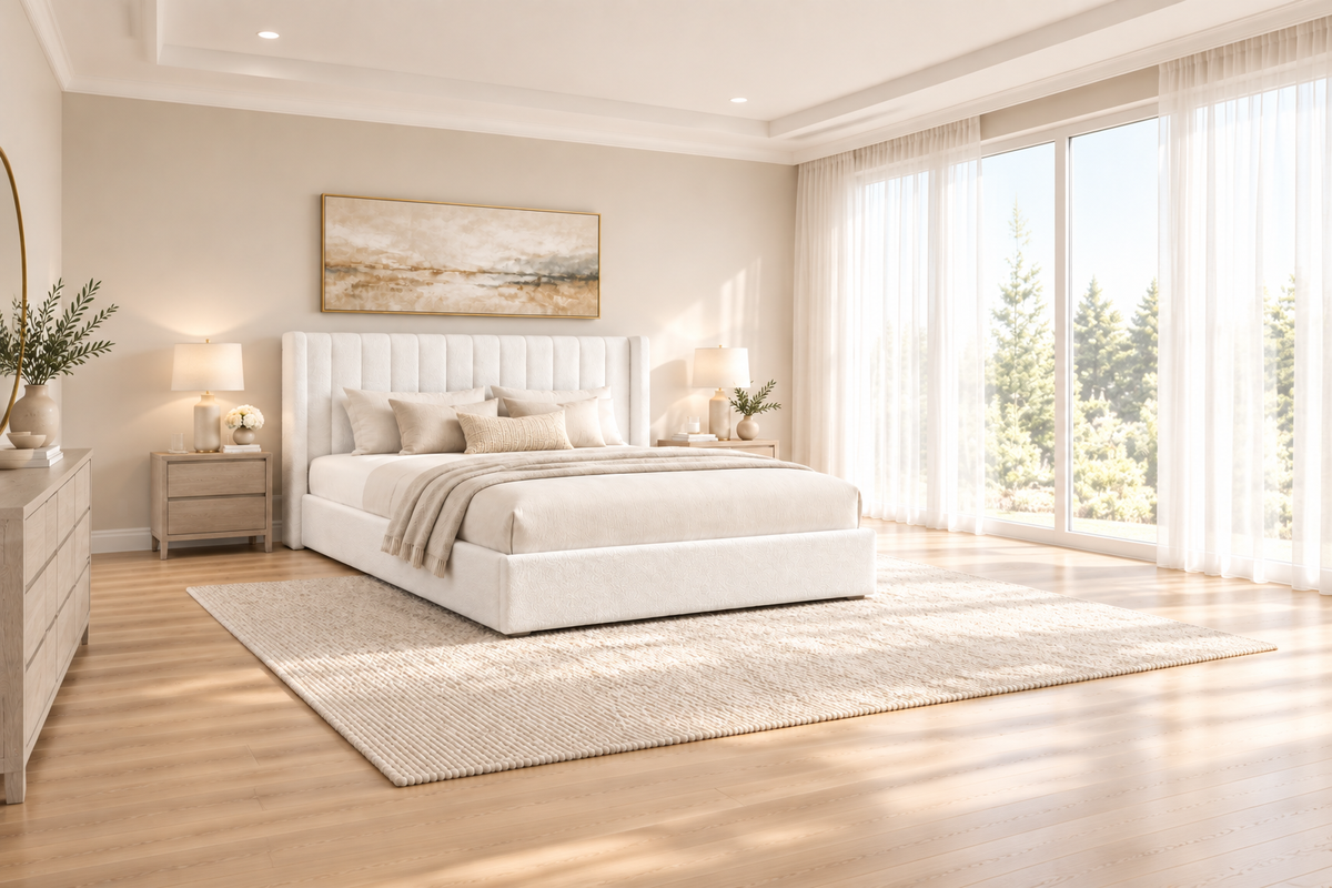 White Boucle Bed - No Chairs